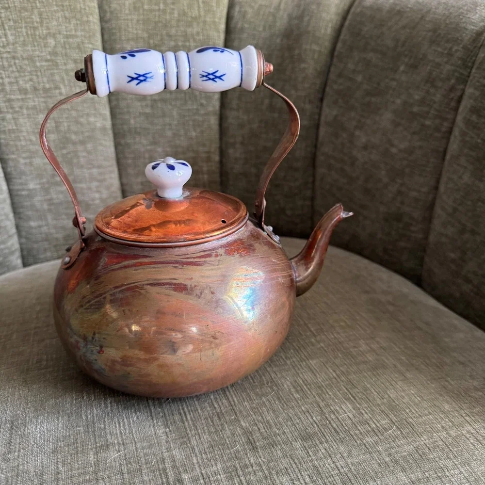Vintage Copper Tea Kettle Blue White Ceramic Handle Cottagecore Farmhouse BOHO